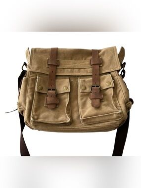 Peacechaos Canvas Leather Padded Laptop Men’s Messenger Bag Tan Brown